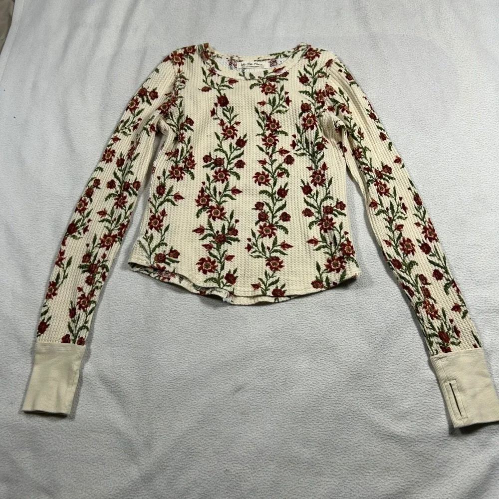 We The Free Thermal Top Women Small Cream Floral Waffle Knit Thumbhole Boho